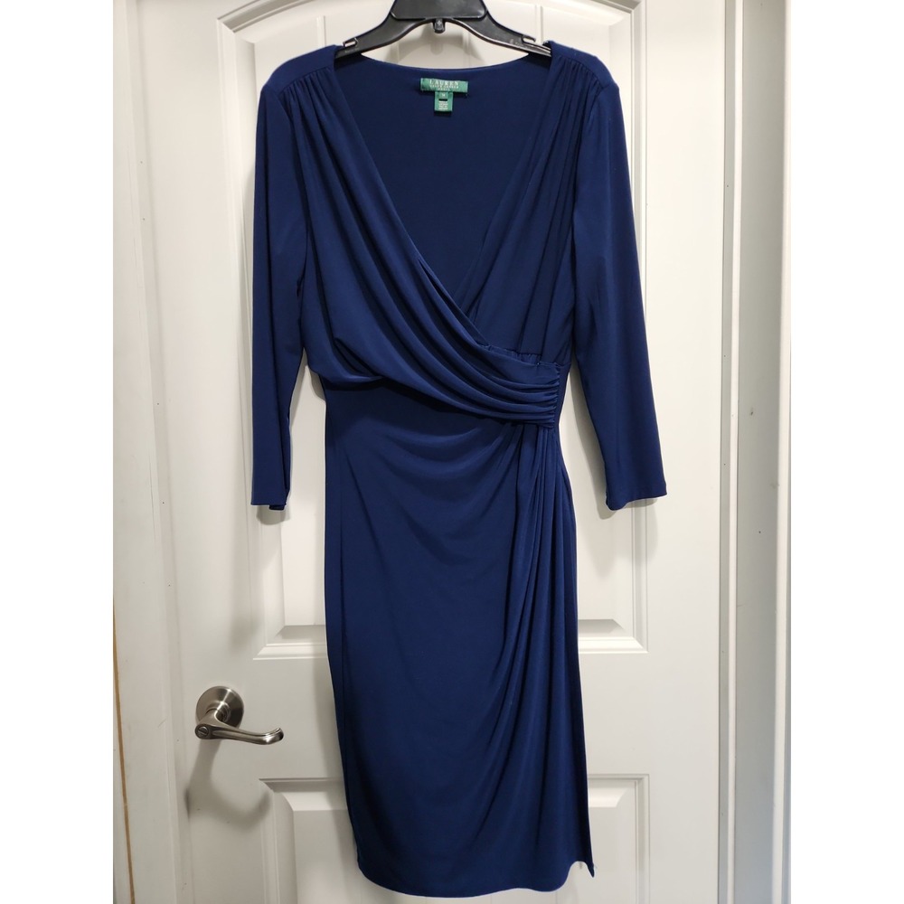 Lauren Ralph Lauren Navy Blue Surplice Faux Wrap Sheath Dress Size 14 3/4 Sleeve